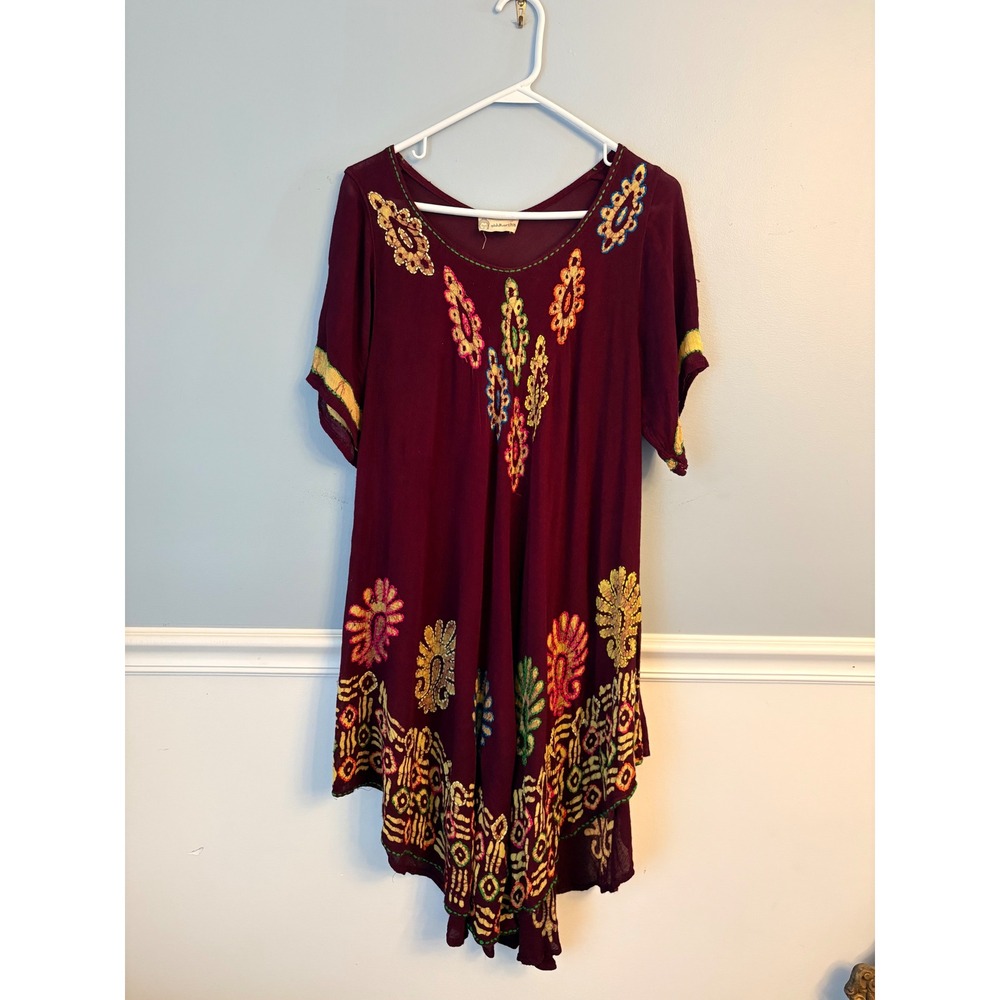 Anthropologie Siddhartha Burgundy Embroidered Boho Hippie Tunic Dress Free Size
